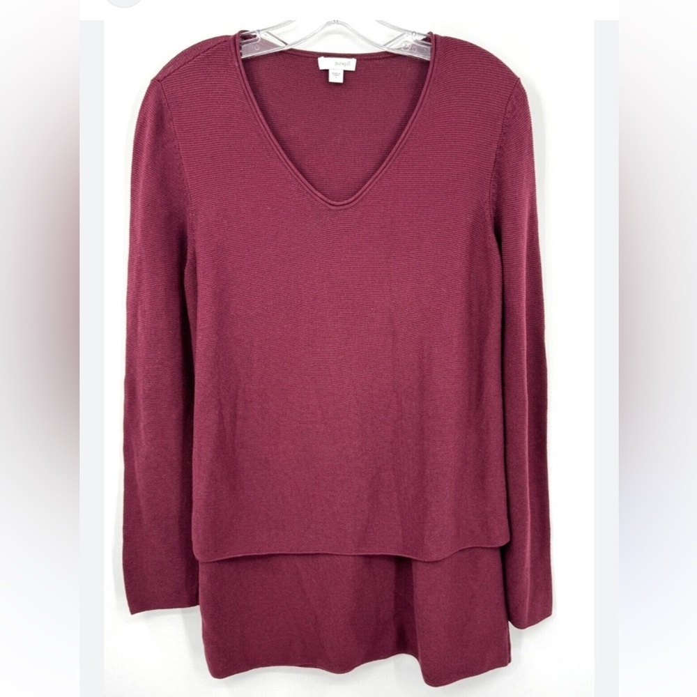 Pure Jill V-Neck Layered look overlay Long Sleeve Top - wine color